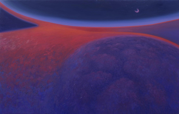 Painting of a semi-abstract landscape showing a purple and red-orange expanse below a curving blue sky with a crescent moon.