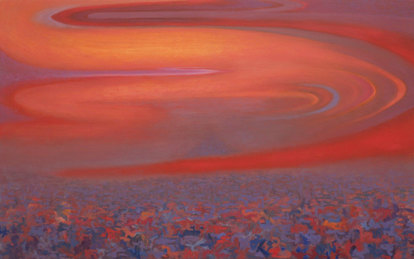 Painting of a semi-abstract landscape showing a field dotted with red, purple, and blue paint strokes below a bright orange sky with swirling shapes.