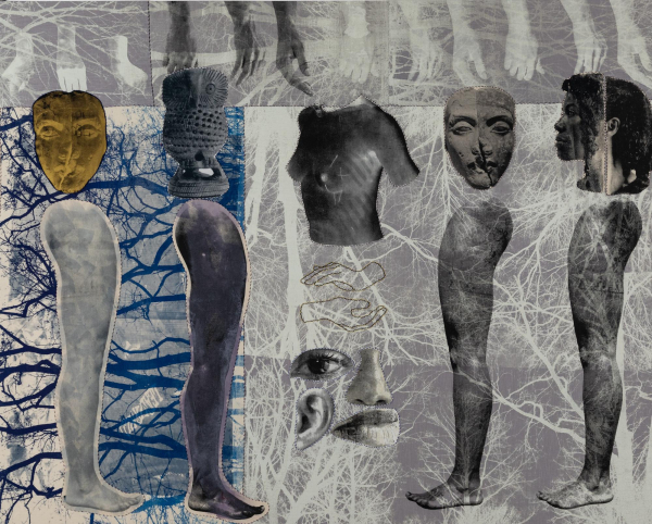 Collage image with cut-up grayscale photos of body parts and masks, over inverted images of tree branches and hands.