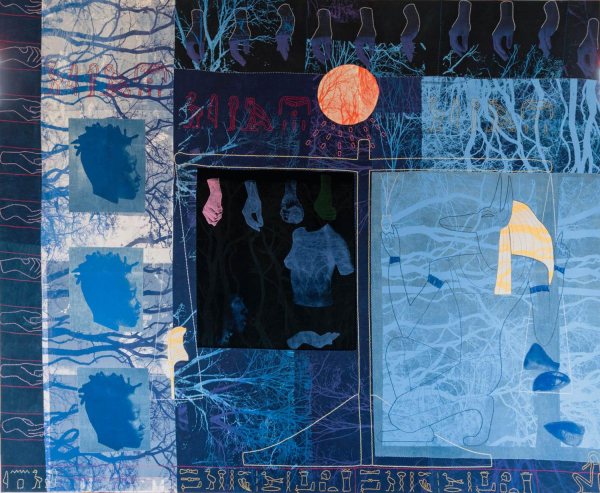 Collage image in a blue palette with loose rectangular sections including a Black figure's face in profile, hands in various positions, tree branches, and an outline of Anubis.