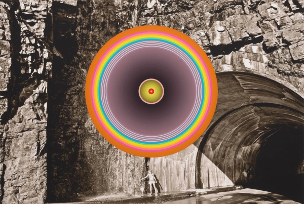 Black and white photo of a tunnel cut into a rocky formation, and a figure walking out of it. Over the scene floats a large circle with several concentric circles in grey-purple, blue, orange, and yellow.