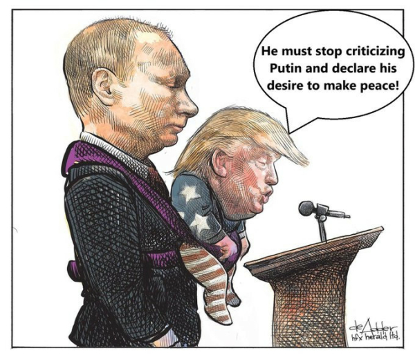 Cartoon, Putin am rednerpult mit Trump Puppe, he mast stop criticizing Putin and declare his desire to make peace