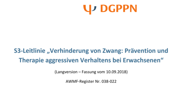 Screenshot von der Titelseite der verlinkten S3-Leitlinie: "Verhinderung von Zwang: Prävention und Therapie aggressiven Verhaltens bei Erwachsenen"