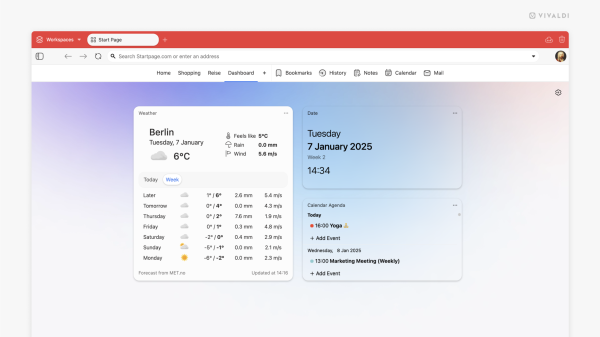 Screenshot image displaying the Vivaldi Browser app for computers. The Start Page Dashboard is open, highlighting the Weather widget.