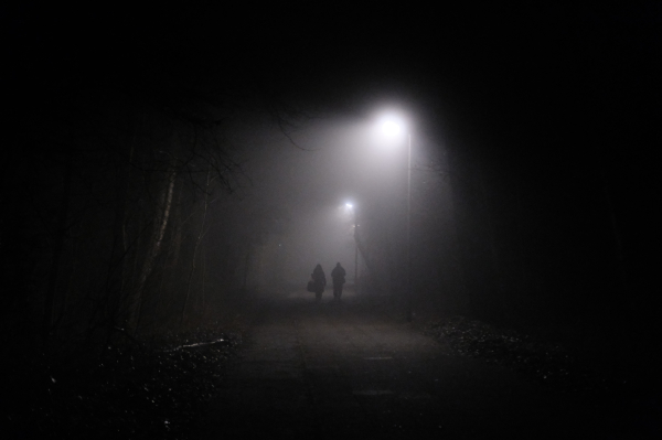 Foto bei Nacht und Nebel. Ein Fußweg wird von 2 Lampen beleuchtet. Auf dem Weg gehen 2 nur als Silhouette erkennbare Personen, eine mit Handtasche. 