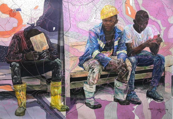 Painting: Jean David Nko, tiredbody, 2021 - three workers sit down between shifts/jobs (?) they are rendered in a realistic but also have a depth or representation that emphasis their fatigue.