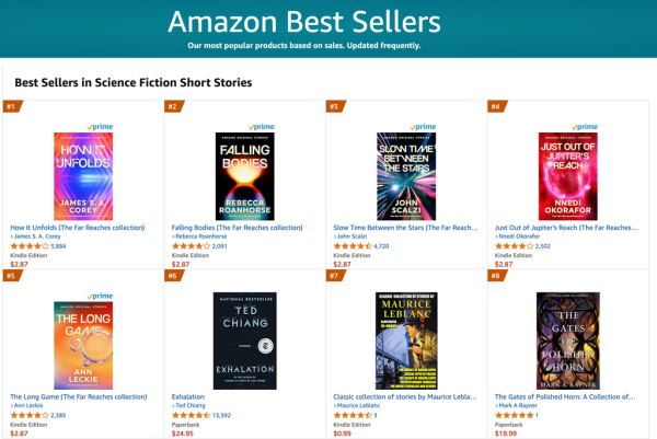 Amazon bestseller page for science fiction short stories. Showing covers for eight books, including the cover art for The Gates of Polished Horn, a collection of stories, by Mark A. Rayner