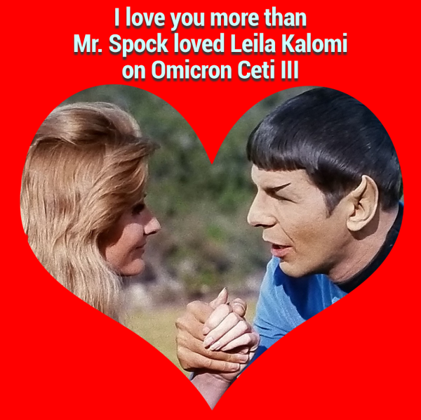 Mr Spock holding the hand of Leila Kalomi on Omicron Ceti III
From the episode, This Side of Paradise 
Teleplay by D.C. Fontana
Story by Jerry Sohl (as Nathan Butler) 
Star Trek S1E24