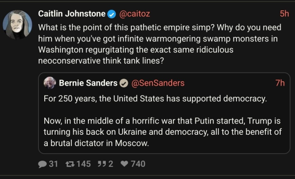 Bernie the socialist Sanders🤣:
"For 250 years, the United States has supported democracy. 

Now, in the middle of a horrific war that Putin started, Trump is turning his back on Ukraine and democracy, all to the benefit of a brutal dictator in Moscow."