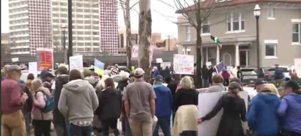 Crowd of protesters with placards