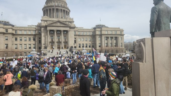 Hundreds of protesters on the steps of the state house in Boise