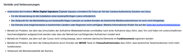 Screenshot mit Angaben was "neu" im FW Update ist: Funktion die das Bild digital signiert um zu beweisen, dass es aus einer Kamera fiel, kleine Verbesserungen.