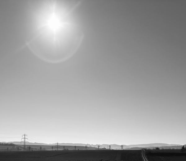 Motiv:
Das Bild zeigt eine weite Landschaft mit einer tiefstehenden Sonne am oberen Bildrand. Der Himmel nimmt den größten Teil des Bildes ein. Im unteren Bereich erstreckt sich eine offene Feldlandschaft mit vereinzelten Bäumen, Strommasten und Hügeln im Hintergrund. Ein schmaler, asphaltierter Weg führt diagonal von rechts unten ins Bild, auf dem mehrere Personen in der Ferne gehen.

Stimmung & Wirkung:
Die Weite der Landschaft und der dominante Himmel erzeugen eine ruhige, offene Atmosphäre. Die tief stehende Sonne sorgt für starke Lichteffekte, während die kleinen menschlichen Figuren eine subtile Präsenz in der weitläufigen Umgebung zeigen.

Technische Details:
Farbe: Schwarz-Weiß mit starken Kontrasten zwischen Himmel und Landschaft.
Schärfentiefe: Hohe Schärfe im Vordergrund, leichte Unschärfe in der Ferne durch atmosphärische Dunstwirkung.
Lichtverhältnisse: Sehr hell durch die starke Sonneneinstrahlung, mit Lens Flare und weichen Schatten in der Landschaft.