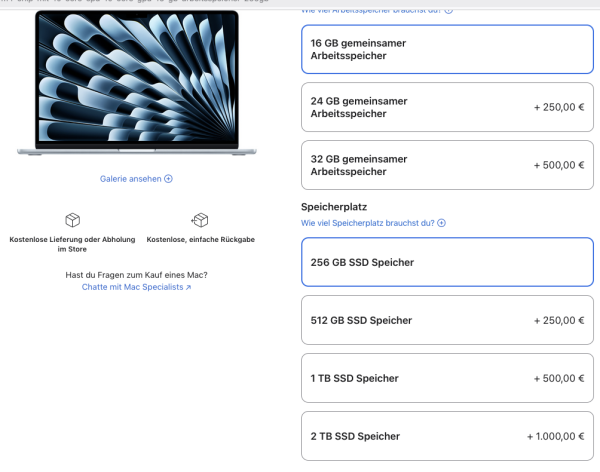 8GB mehr Hauptspeicher: 250 EUR
256GB mehr SSD: 250 EUR