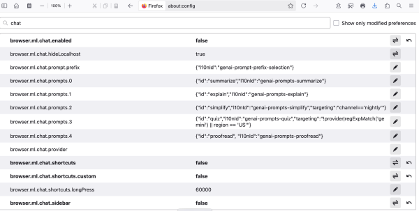 Turning off AI Chat in the Firefox about:config window.