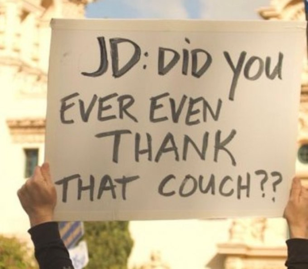 Homemade placard from a 50501 demonstration yesterday reads:

JD: DID YOU EVER EVEN THANK THAT COUCH?