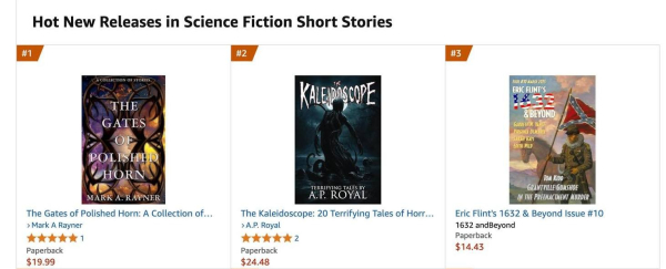 Hot new releases in science fiction short stories -- bestsellers on Amazon
showing three covers, including:
The Gates of Polished Horn, a collection of stories, by Mark A. Rayner