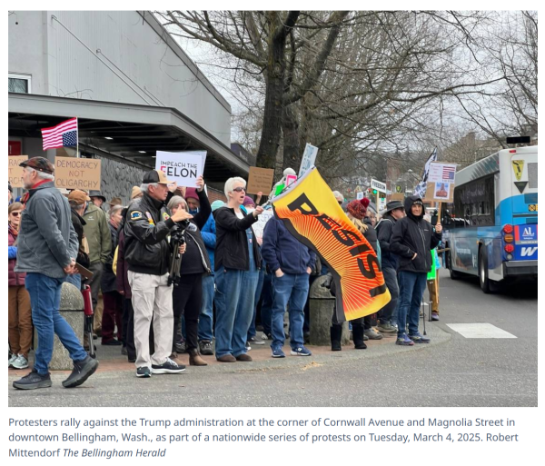 Protesters rally against the Trump administration at the corner of Cornwall Avenue and Magnolia Street in downtown Bellingham, Wash., as part of a nationwide series of protests on Tuesday, March 4, 2025. 
Photo credit: Robert Mittendorf, The Bellingham Herald.
