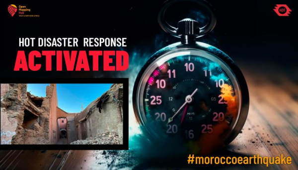 Graphic from Humanitarian Open Street Map Team, showing a photo of a partially collapsed building, an analog stopwatch sitting on a small pile of debris dust on a piece of wood, the Open Mapping Project 'HOT 'logo, and the hashtag #MoroccoEarthquake