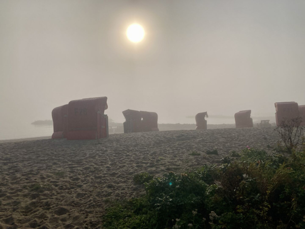 Ein neblig farbloser Strand mit Strandkörben, die kreuz und quer stehen. Kurz nach Sonnenaufgang, alles ist grau gefärbt mit einem leichten orange-Farbstich. Oben strahlt weiß die Sonne.