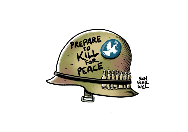 Ein Stahlhelm mit Patronen sm Bund, einem Friedenstaube-Bitton und dem Schriftzug „PREPARE TO KILL FOR PEACE“ (Credit: SCHWARWEL)