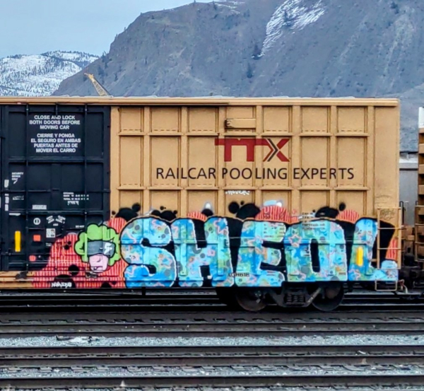 Train car with graffiti rolling through Kamloops BC Canada