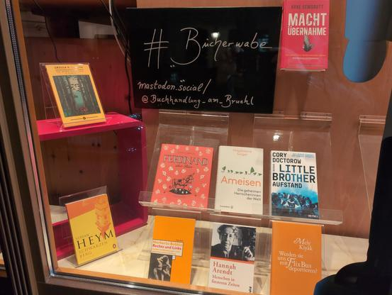 Ein Bild der Bücherwabe im Schaufenster der Buchhandlung am Brühl. Es sind neun Bücher zu sehen: Ursula K. LeGuin: The Word for World is Forest, Stefan Heym: Schwarzenberg, Leaf\Lawson: Ferdinand, Norbert Bobbio: Rechts und Links, Arne Semsrott: Machtübernahme, Magdalena Sorger: Ameisen, Hannah Arendt: Menschen in finsteren Zeiten, Cory Doctorow: Little Brother (Aufstand), Mely Kiyak: Werden sie uns mit FlixBus deportieren?