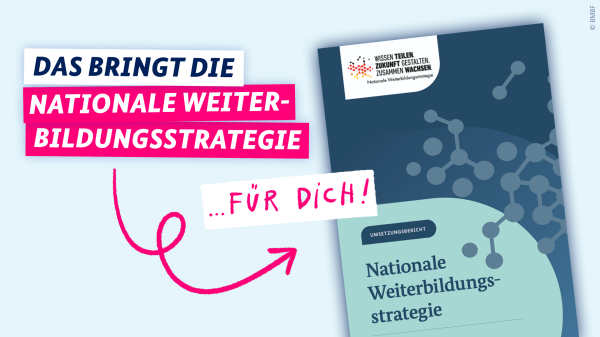 Das Bild zeigt den aktuellen Umsetzungsbericht zur Nationalen Weiterbildungsstrategie. Die Bildaufschrift lautet: Das bringt die Nationale Weiterbildungsstrategie für dich!