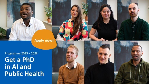 A promotional image for the PhD program 2025–2028 in Artificial Intelligence and Public Health. The image features six young researchers in individual portrait shots, each smiling or engaged in conversation, with a modern office background featuring plants. In the bottom left corner, a blue box contains the text: "Programme 2025–2028 – Get a PhD in AI and Public Health." Above it, an orange speech bubble reads: "Apply now!"