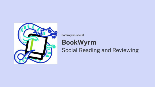 Banner of the social media platform BookWyrm showing their logo: A dragon-like creature holding a book.