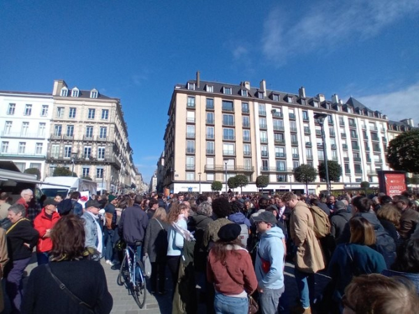 Large crowd of protesters in the central square in Rennes