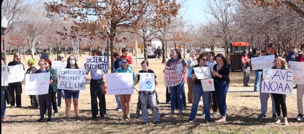 A group of protesters line the street holding placards.