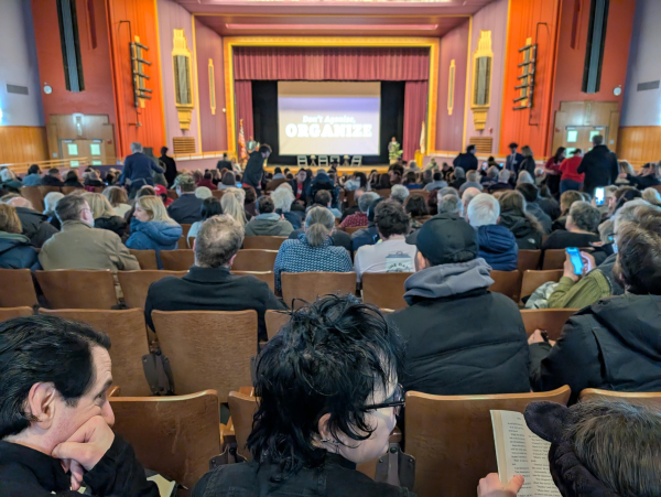 Photo taken from a seat about two thirds of the way back in a long, narrow high school auditorium, full of people, with a big screen on the stage at the front that has "don't agonize, organize" projected onto it