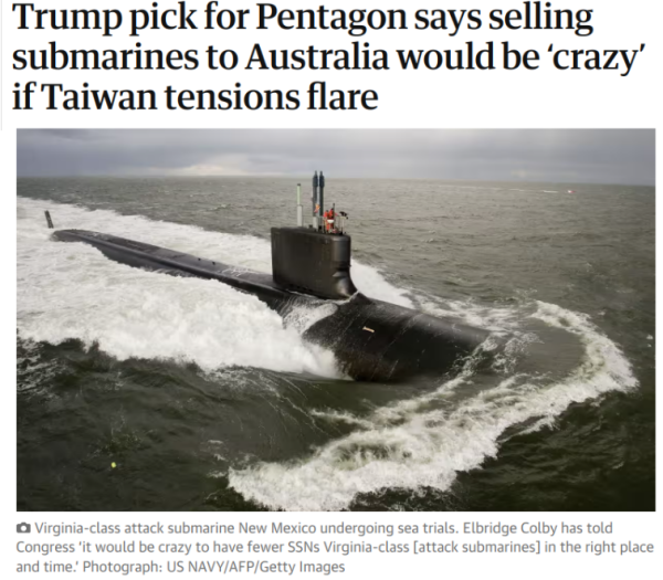 Pic shows:
Virginia-class attack submarine New Mexico undergoing sea trials. 
Headline says:
Trump pick for Pentagon says selling submarines to Australia would be ‘crazy’ if Taiwan tensions flare