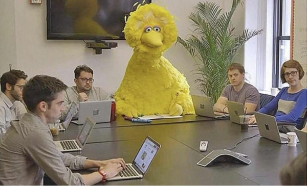 big bird (giant yellow puppet in the shape of a bird) looking stunned at a meeting with a number of people sitting around a table with open laptops