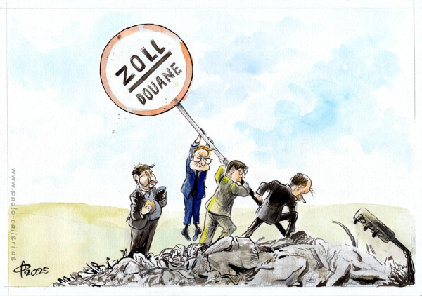 Karikatur. Drei Personen auf einem Trümmerhaufen richten ein großes Schild mit der Aufschrift Zoll Douane wieder auf. Am untren rechten Bildrand befindet sich eine kaputte Ampel.