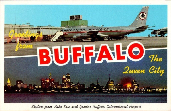 Split postcard with the airport on top and the city at night below. The words Greetings from Buffalo appear across the card. 