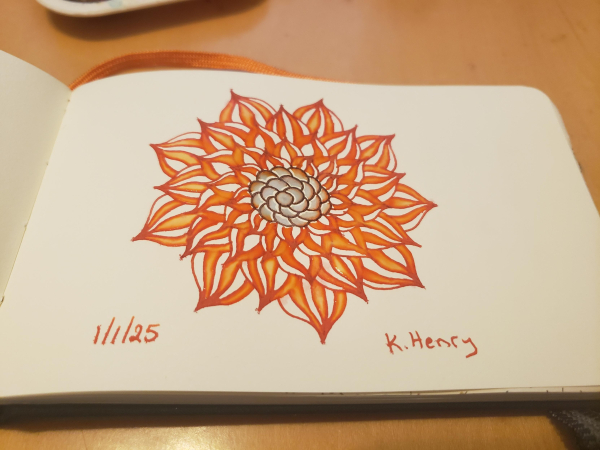 Hand drawn generative/procedural art in ink on an open page of my sketchbook. The abstract pattern looks a bit like a sunflower crossed with a dahlia flower.