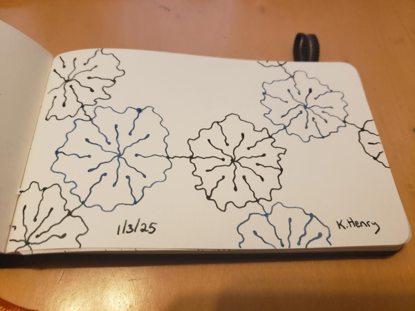 Hand drawn generative/procedural art in ink on an open page of my sketchbook. The abstract pattern looks a bit like a chemistry diagram with flowers where the atoms would be.