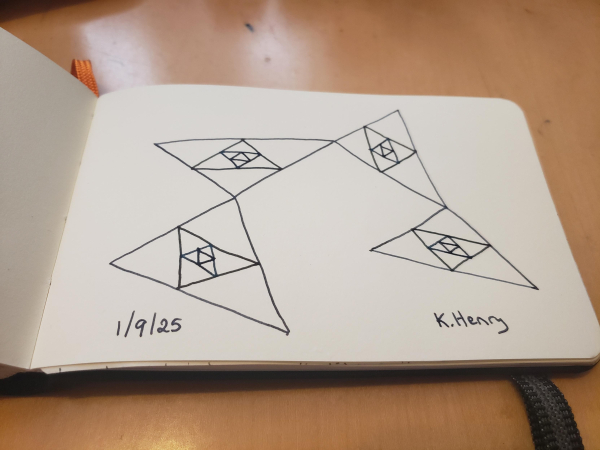 Hand drawn generative/procedural art in ink on an open page of my sketchbook. The abstract pattern has sort of a chain of triangles with nested triangles inside of them.