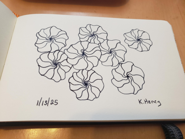 Hand drawn generative/procedural art in ink on an open page of my sketchbook. The abstract pattern looks like it could be flowers.