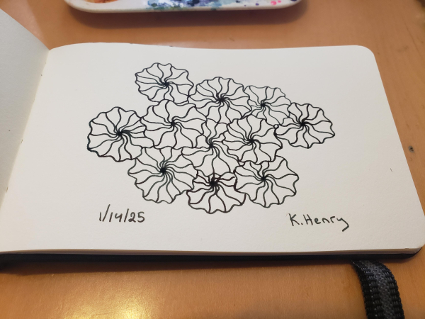 Hand drawn generative/procedural art in ink on an open page of my sketchbook. The abstract pattern looks a bit like looking down on a bunch of flowers bunched together.