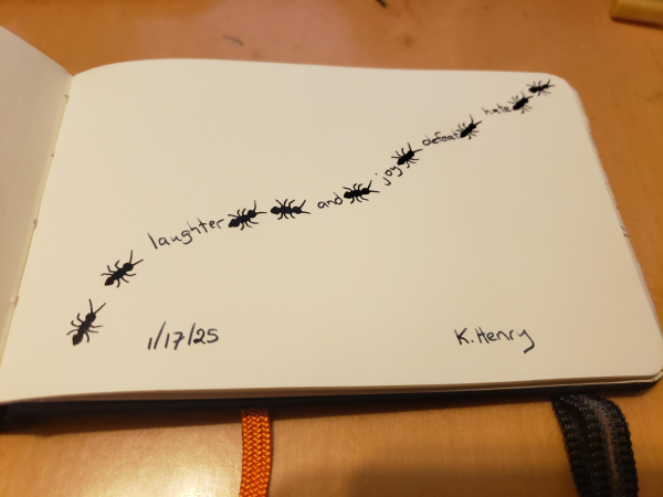 Hand drawn generative/procedural art in ink on an open page of my sketchbook. The abstract pattern looks like ants meandering across the page. There are words between the ants that read "laughter and joy defeat hate"