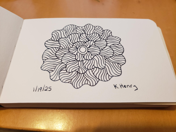 Hand drawn generative art in ink on an open page of my sketchbook. The abstract pattern is floral.