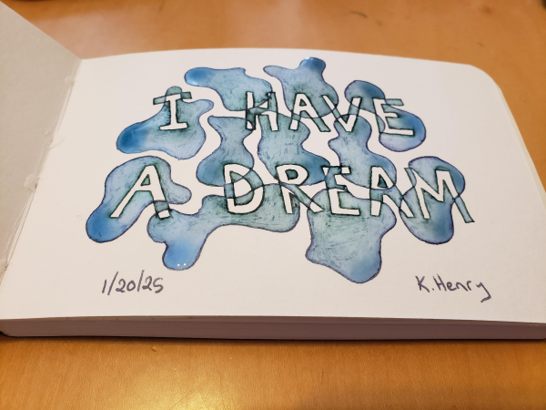 Hand drawn genertive/procedural art in ink on an open page of my sketchbook. The abstract pattern includes the text "I have a dream"