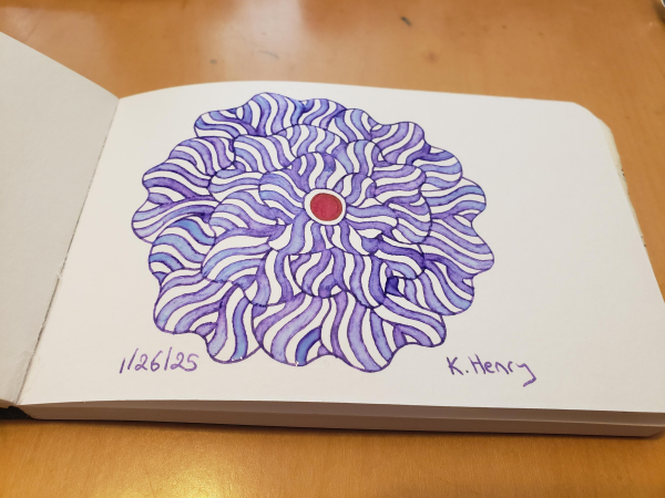 Hand drawn generative/procedural art in ink on an open page of my sketchbook. The abstract pattern is floral.