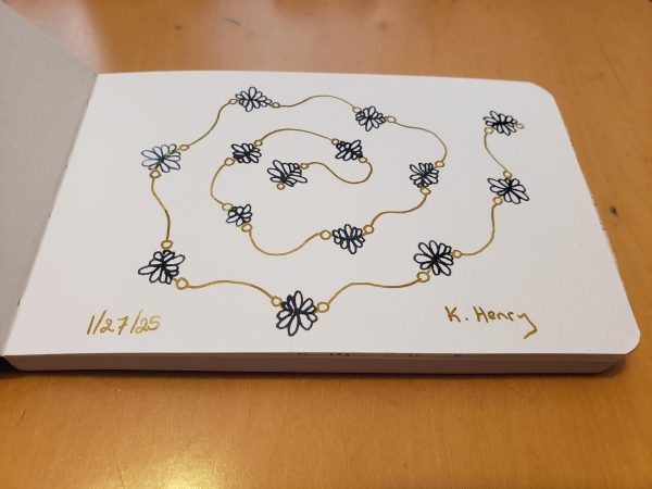 Hand drawn generative/procedural art in ink on an open page of my sketchbook. The abstract pattern looks a bit like beads on a string.