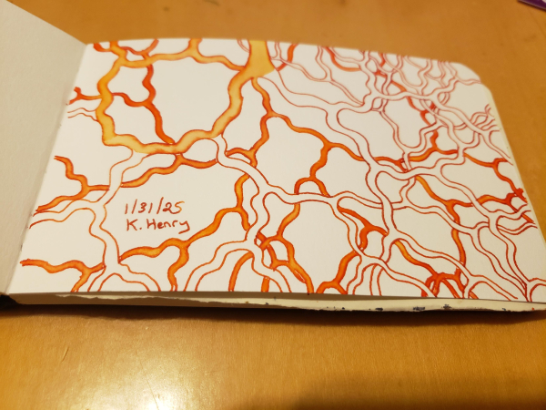 Hand drawn generative/procedural art in ink on an open page of my sketchbook. The abstract pattern looks a bit like branches of a root or maybe a respiratory system.