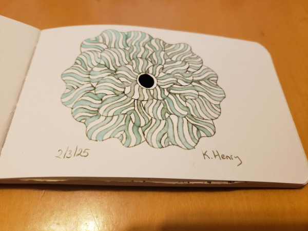 Hand drawn generative/procedural art in ink on an open page of my sketchbook. The abstract pattern is floral.