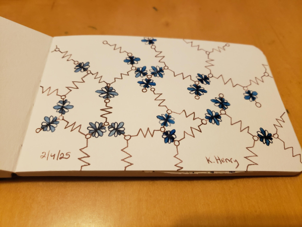 Hand drawn generative/procedural art in ink on an open page of my sketchbook. The abstract pattern looks like it might be a weird chemistry or electronics diagram.